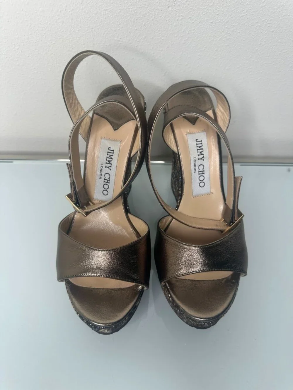 Jimmy Choo Pablo Gunmetal Leather Strap Wedge Heel Sandals - Picture 3 of 7